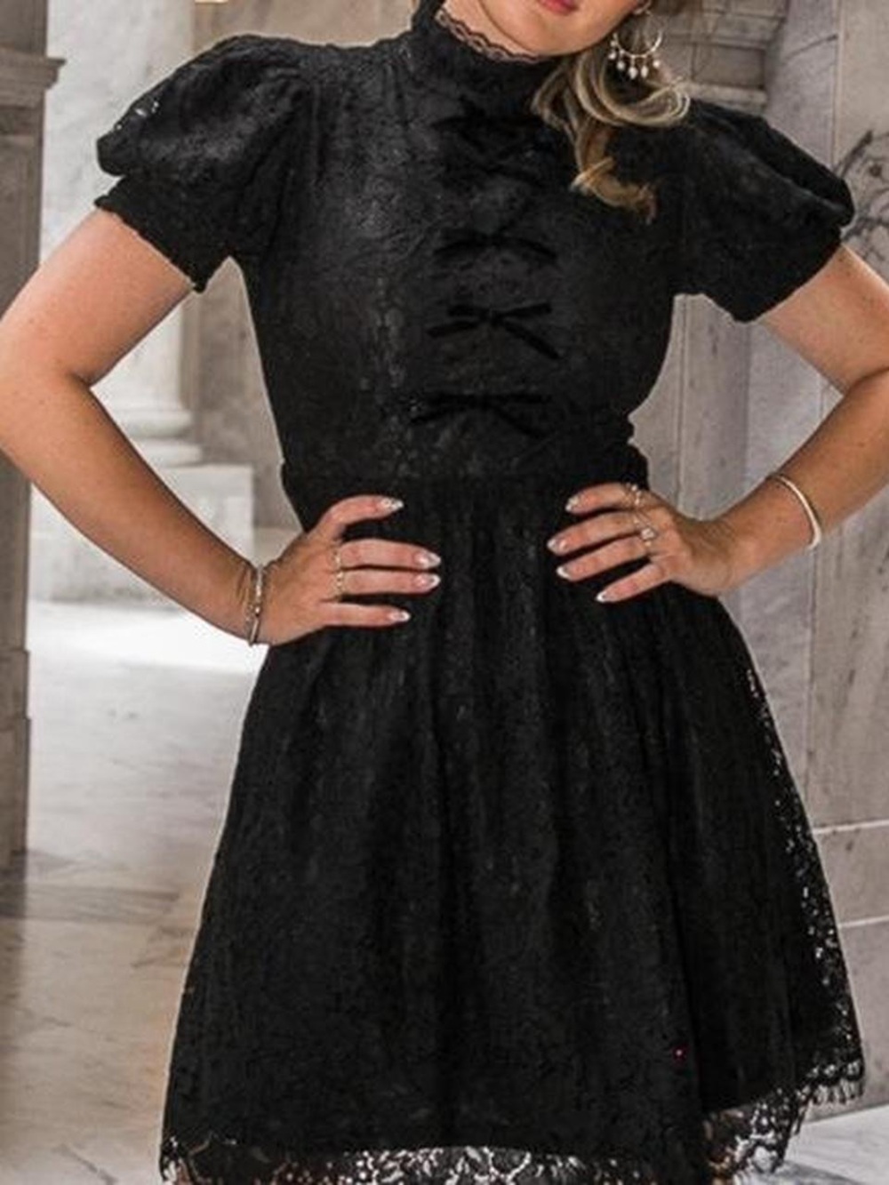 Ivy City Co Black Lace Mini Dress with Bow Front